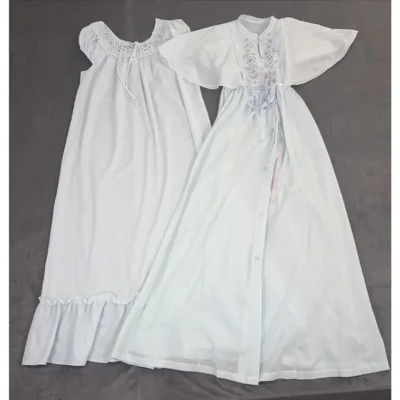 Vintage Gilead Light Blue Summer Robe & Nightgown Floral Embroidery Medium Chrty - Picture 1 of 16
